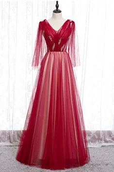 Burgundy Tulle V Neck Sequins Long Sleeve A Line Prom Dress, Evening Dress  cg7717