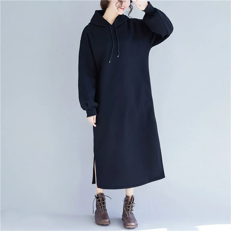 New black spring dress plus size gown hooded side open drawstring cotton clothing dress New black spring dress plus size gown hooded side open drawstring cotton clothing dress