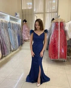 Sparkly Navy Blue Mermaid Prom Dress Feathers V Neck High Slit Formal Evening Dresses cg7588 Sparkly Navy Blue Mermaid Prom Dress Feathers V Neck High Slit Formal Evening Dresses cg7588