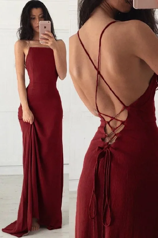 Spaghetti Straps Burgundy Sleeveless Formal Gown,Cheap Long Evening Dresses C415