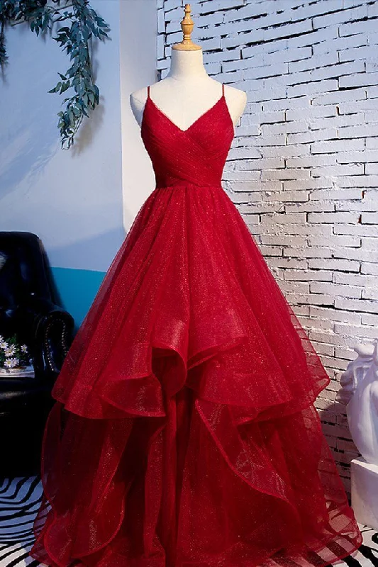 Red Tulle Layered Spaghetti Straps V Neck Lace Up Prom Dress, Evening Dress C1238