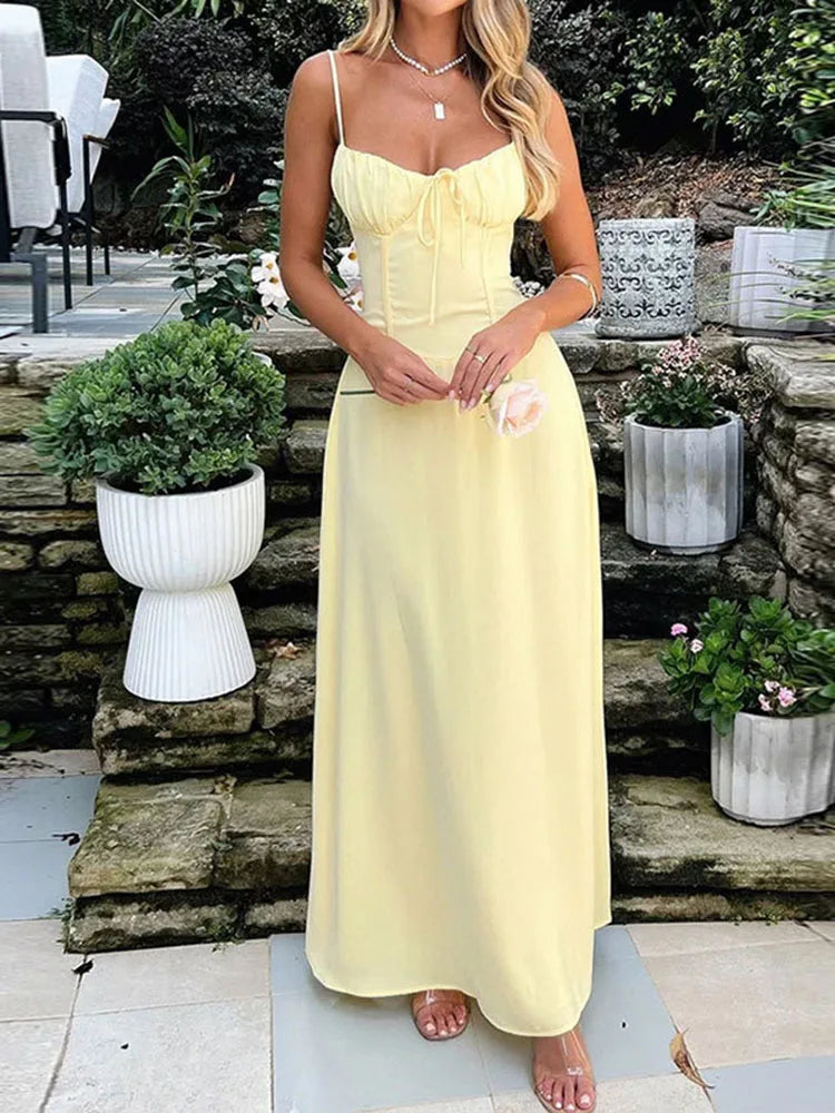 Elegant Strappy Backless Long Dress Women's Summer Fashion Round Neck Smocked Solid Color Slim Evening Dress Long Dress Elegant Strappy Backless Long Dress Women's Summer Fashion Round Neck Smocked Solid Color Slim Evening Dress Long Dress