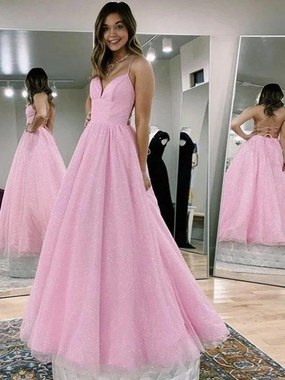 A Line V Neck Pink Backless Prom Dresses, Open Back Pink Long Formal Evening Dresses C1113 A Line V Neck Pink Backless Prom Dresses, Open Back Pink Long Formal Evening Dresses C1113