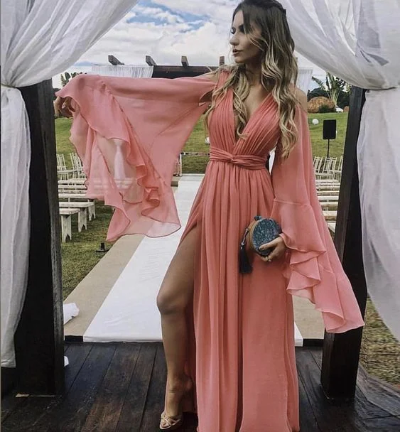 Stylish v neck chiffon long prom dress evening dress C350