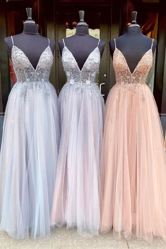 A Line Spaghetti Straps Grey Long Prom Dress With Beading Split  cg7670
