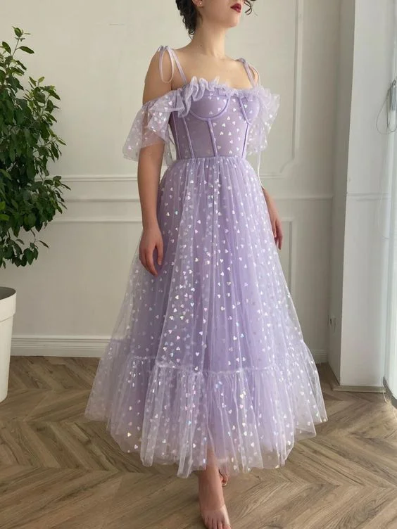 Purple tulle tea length prom dress, purple evening dress C269