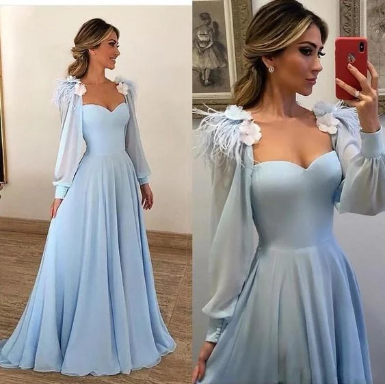 Gorgeous Sky Blue Evening Dresses - Chiffon Long Sleeves - With Feather Flower A-line Prom Gown C1209 Gorgeous Sky Blue Evening Dresses - Chiffon Long Sleeves - With Feather Flower A-line Prom Gown C1209
