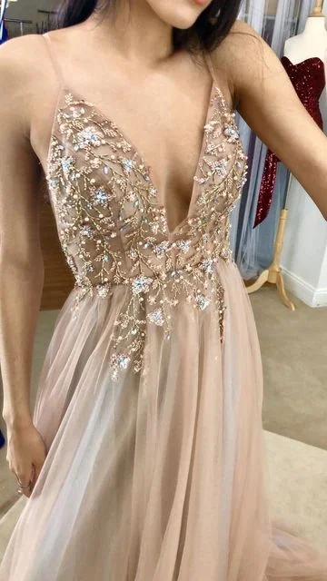 Soft Tulle Prom dress with beaded sheer bodice and straps prom dresses  cg8304
