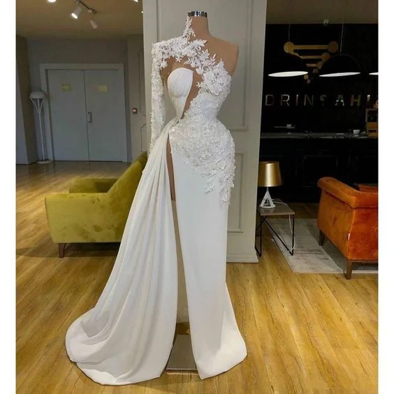 Exquisite Lace White Prom Dresses High Neck One Shoulder Long Sleeve Formal Evening Gowns  C1403