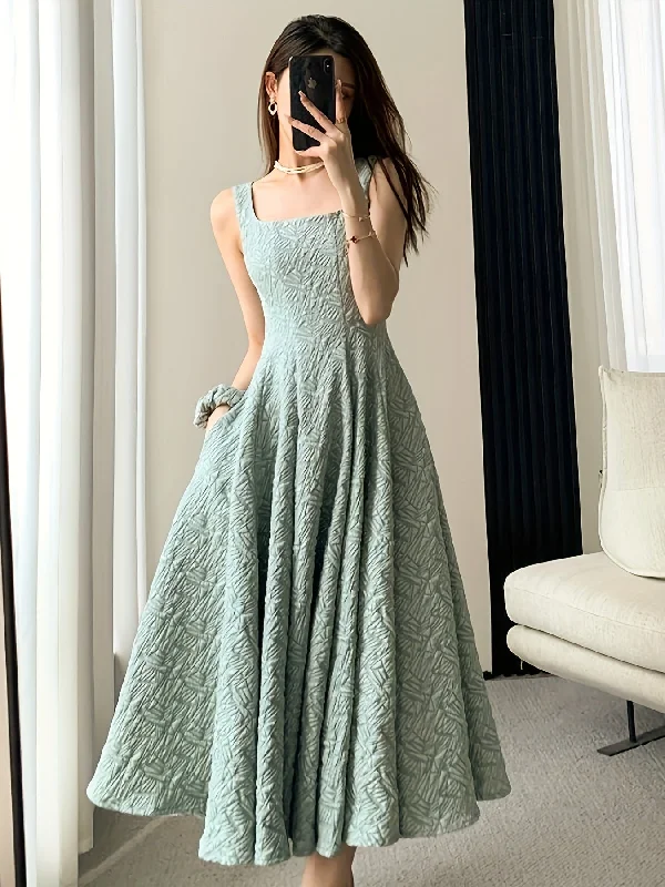 Elegant Square Neck Polyester 1pc Dress - Flared A-Line Pendulum Solid Color Textured Weave Spring/Summer Dress for Women Elegant Square Neck Polyester 1pc Dress - Flared A-Line Pendulum Solid Color Textured Weave Spring/Summer Dress for Women