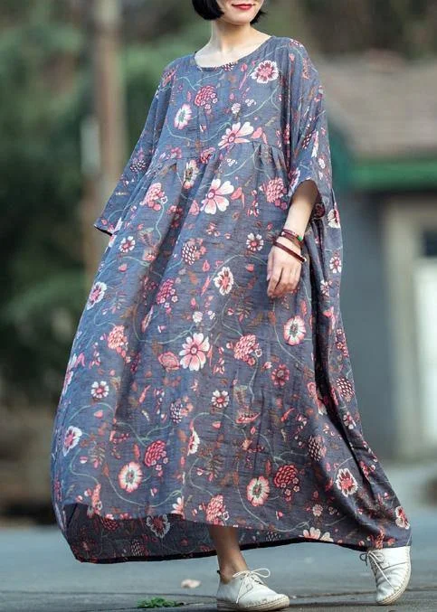 Women gray purple print cotton linen quilting clothes o neck large hem long spring Dress