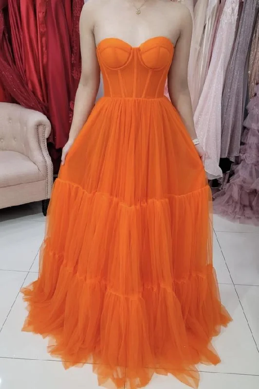 Orange tulle long A line prom dress evening dress  C1319