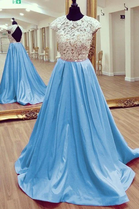 Light blue chiffon lace top backless A-line long dresses,prom dresses cap sleeve cg7636 Light blue chiffon lace top backless A-line long dresses,prom dresses cap sleeve cg7636