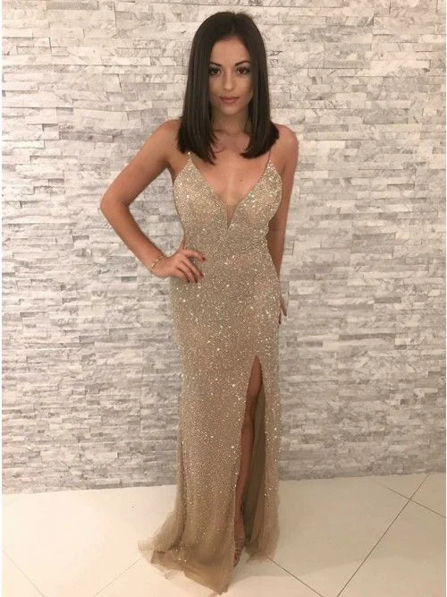 Mermaid Spaghetti Straps Backless Champagne Prom Dress with Sequins  cg7755