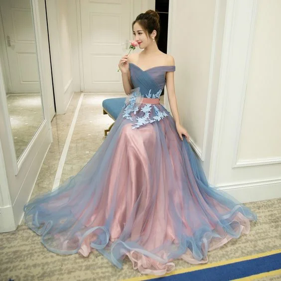Gray blue prom dress, tulle prom dress, off shoulder prom dress, gray blue evening dress cg7653 Gray blue prom dress, tulle prom dress, off shoulder prom dress, gray blue evening dress cg7653
