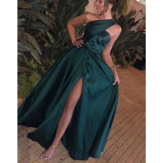 green prom dresses pleats side slit satin floor length evening dresses C1045