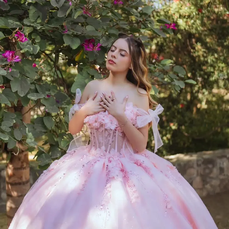 Princess Pink Bloom Puffy Gowns 3D Flower Beaded A-line Long Tulle Eveing Dresses With Train Garden Bridal Gowns Princess Pink Bloom Puffy Gowns 3D Flower Beaded A-line Long Tulle Eveing Dresses With Train Garden Bridal Gowns