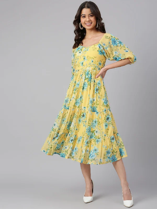 Janasya Women's Yellow Georgette Floral Printed Flared Western Dress