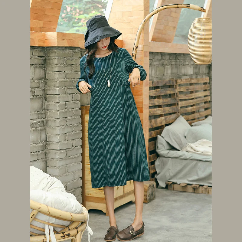 vintage green striped dresses trendy plus size pockets vintage o neck dresses