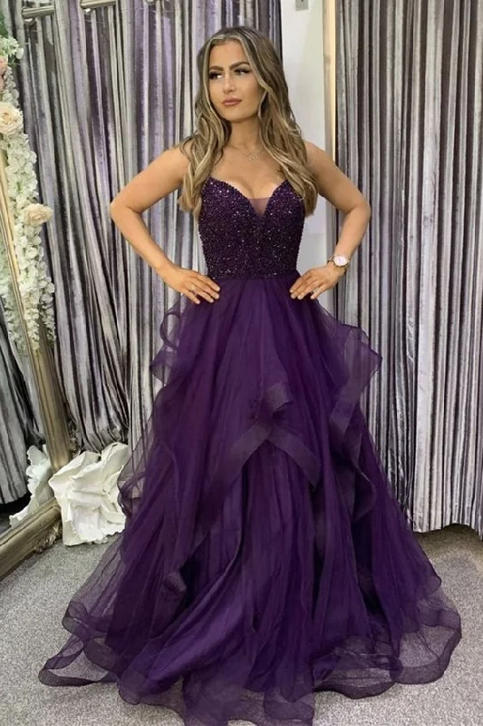 V Neck Purple Beaded Long Prom Dress, Fluffy Purple Formal Evening Dress with Beadings C447 V Neck Purple Beaded Long Prom Dress, Fluffy Purple Formal Evening Dress with Beadings C447