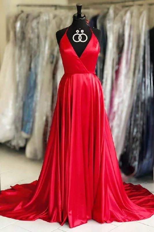 Simple Spaghetti Straps V Neck Red Satin Prom Dresses Formal Evening Dress Party Gown C1386