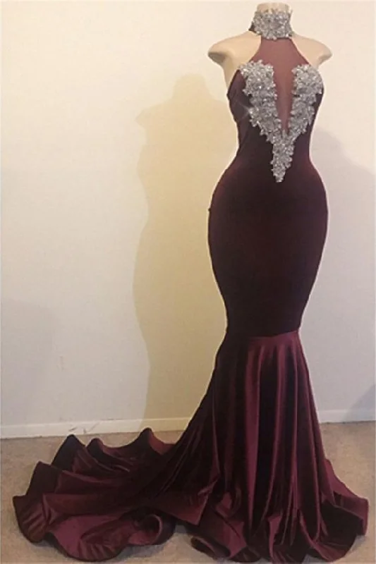 High Neck Backless Brush Train Mermaid Sequins Velvet prom Dress, Evening Dress  cg8187