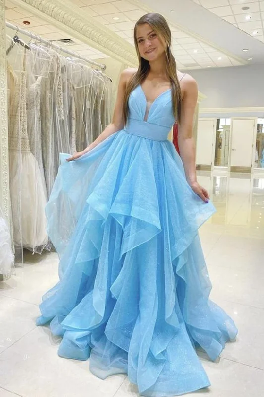 Blue tulle long A line prom dress blue evening dress C343