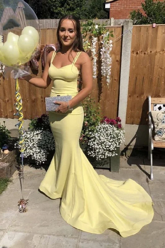 Yellow satin long mermaid prom dress evening dress C857