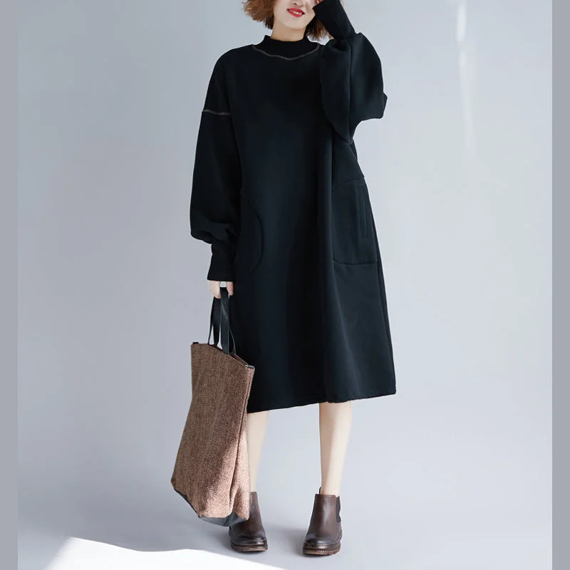 vintage black Midi cotton dresses oversize warm long sleeve thick cotton clothing dresses o neck holiday dresses vintage black Midi cotton dresses oversize warm long sleeve thick cotton clothing dresses o neck holiday dresses