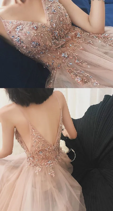 Gorgeous A-Line Spaghetti Straps V Neck Tulle Prom Dresses  cg7982