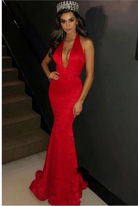 2020 Charming Lace Mermaid/Trumpet Halter V Neck Sleeveless Backless Prom Dresses,prom dress  cg8092