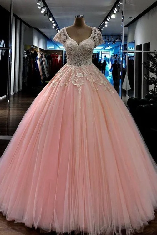 Light Pink Beaded Lace Ball Gown Long Prom Dress V Neck Cap Sleeves Evening Gowns Plus Size Formal Dress cg7865 Light Pink Beaded Lace Ball Gown Long Prom Dress V Neck Cap Sleeves Evening Gowns Plus Size Formal Dress cg7865