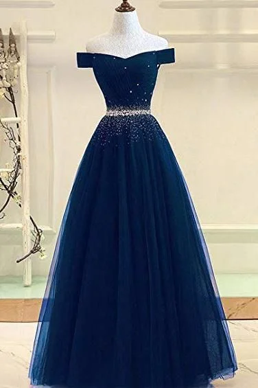 A Line Off the Shoulder Tulle Dark Blue Beads Prom Dresses Long Cheap Evening Dress cg7959 A Line Off the Shoulder Tulle Dark Blue Beads Prom Dresses Long Cheap Evening Dress cg7959