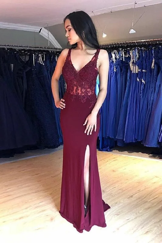 V-neckline Chiffon Long Evening Dress Lace Appliques Bodice C323