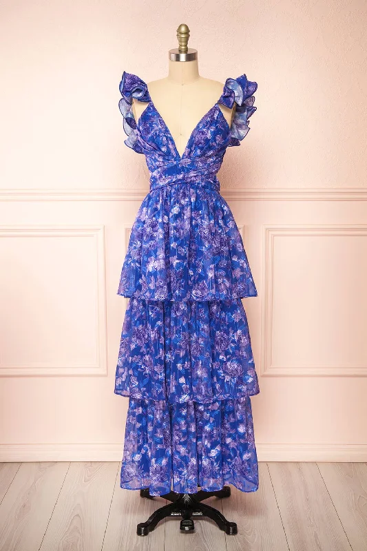 Avaline | Long Blue Floral Dress w/ Ruffled Straps