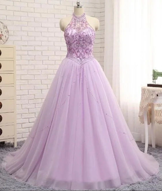 Charming Lilac A Line Prom Dresses Tulle Beaded Evening Gowns With Chapel Train C1387