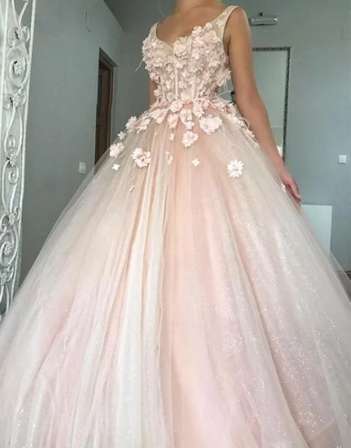 Pink V Neck Tulle Long Prom Dress, Pink Evening Dress C212