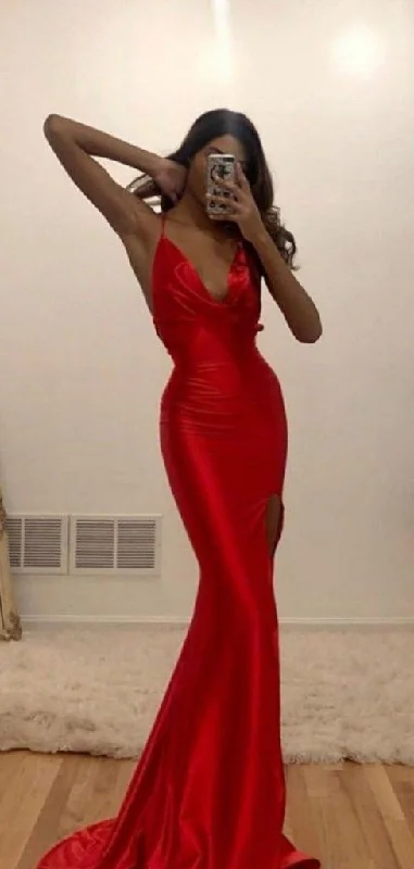 Sexy V-neck Mermaid Long Red Evening Dresses C09