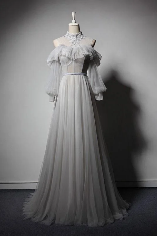 Gray Tulle Lace High Neck Long Senior Prom Dress, Gray Formal Dress With Sleeve cg7601 Gray Tulle Lace High Neck Long Senior Prom Dress, Gray Formal Dress With Sleeve cg7601