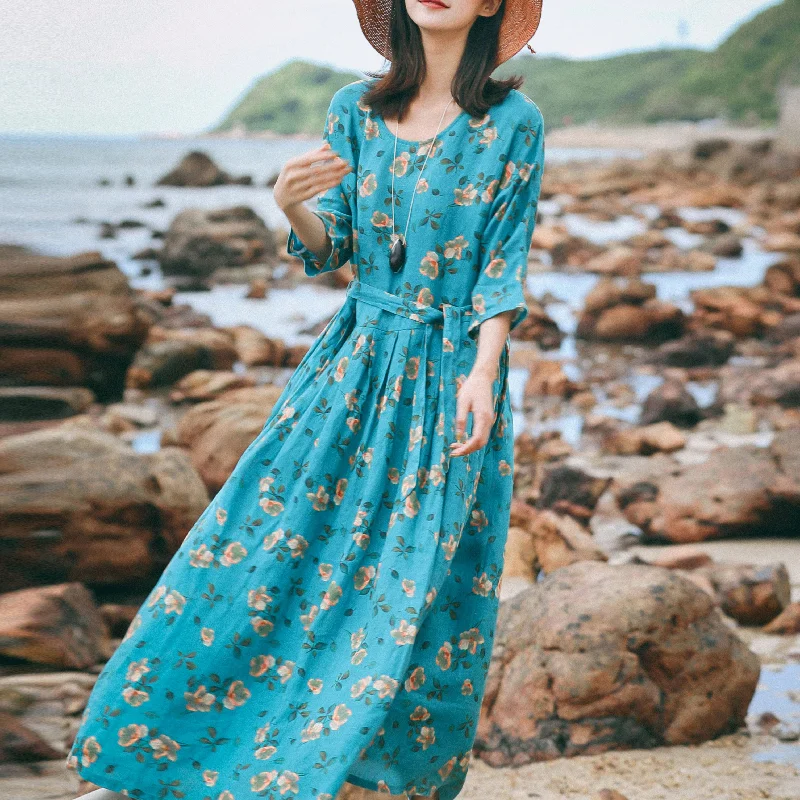 vintage blue floral linen caftans oversize o neck baggy dresses caftans New Three Quarter sleeve tie waist gown vintage blue floral linen caftans oversize o neck baggy dresses caftans New Three Quarter sleeve tie waist gown