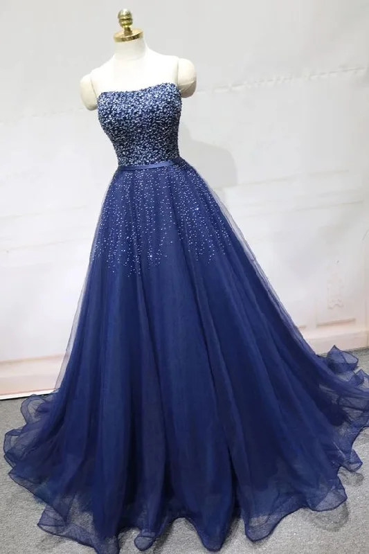 Stunning Sliver Beading Dark Blue Tulle A Line Formal Prom Dress, Evening Dress cg7876 Stunning Sliver Beading Dark Blue Tulle A Line Formal Prom Dress, Evening Dress cg7876