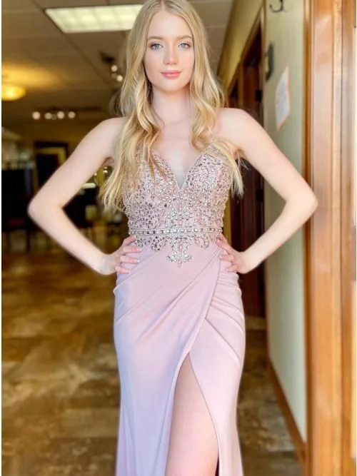 Elegant Sheath V Neck Blush Pink Satin Long Prom Evening Dresses with Beading  C1351