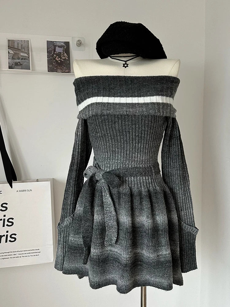Autumn Winter Mini Knit Slash Neck Dress Women Long Sleeve Frocks 2000s Aesthetic One-Piece Gyaru Thick Contrast Color Striped Autumn Winter Mini Knit Slash Neck Dress Women Long Sleeve Frocks 2000s Aesthetic One-Piece Gyaru Thick Contrast Color Striped