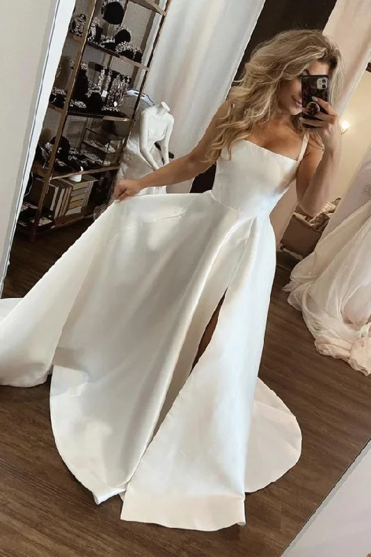 White satin long A line prom dress evening dress  C1426