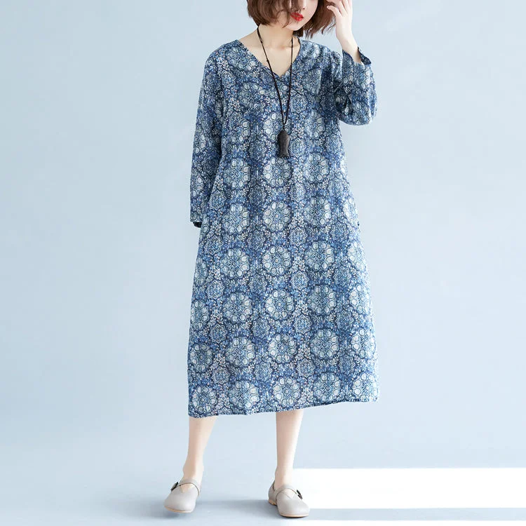 New blue print long linen dress plus size clothing v neck baggy dresses traveling clothing vintage long sleeve pockets dresses New blue print long linen dress plus size clothing v neck baggy dresses traveling clothing vintage long sleeve pockets dresses