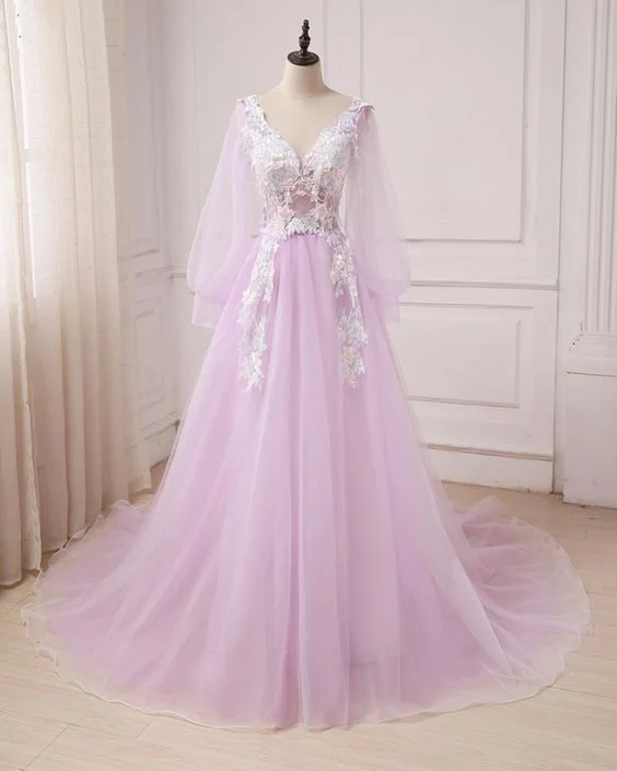 Tulle V Neck,Long Sleeve, A-line Customize Prom Dress, Long Formal Dress ,Lace Appliques Prom Dresses cg7518 Tulle V Neck,Long Sleeve, A-line Customize Prom Dress, Long Formal Dress ,Lace Appliques Prom Dresses cg7518