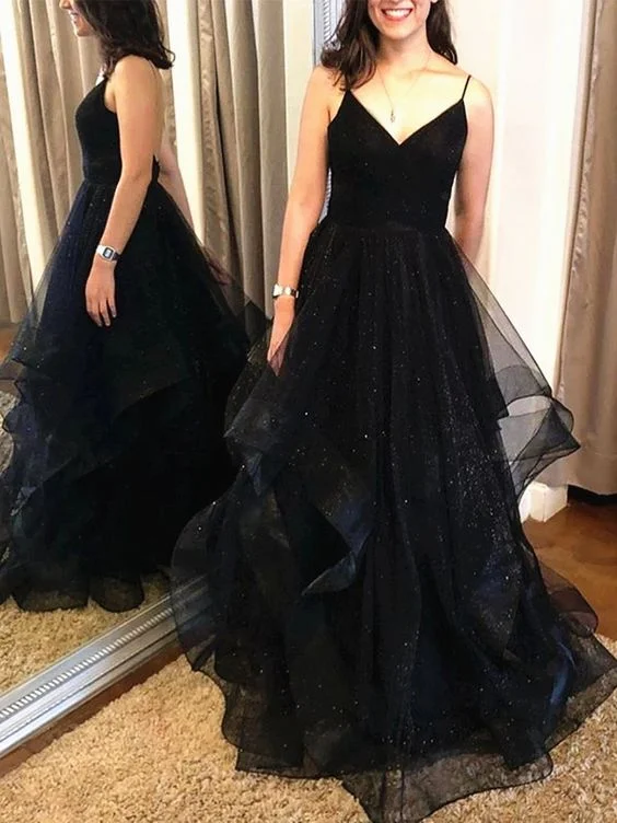 Shiny A Line V Neck Black Backless Prom Dresses, Black Open Back Formal Evening Dresses C583 Shiny A Line V Neck Black Backless Prom Dresses, Black Open Back Formal Evening Dresses C583