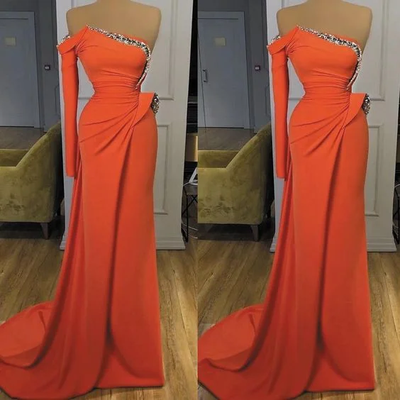 coral evening dresses long one shoulder beaded sparkly elegant modest mermaid evening gown C1246