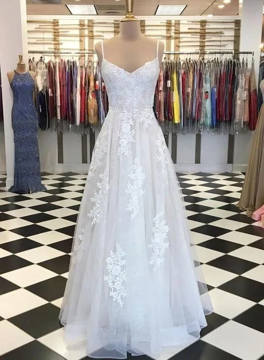 White Lace Tulle Long Summer Prom Dress, Evening Dress C319