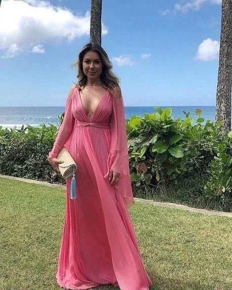 Sexy Deep V Collar Long-Sleeved Long Expansion Vacation Dress,Backless Evening Dress,Chiffon Prom Dress  C1432